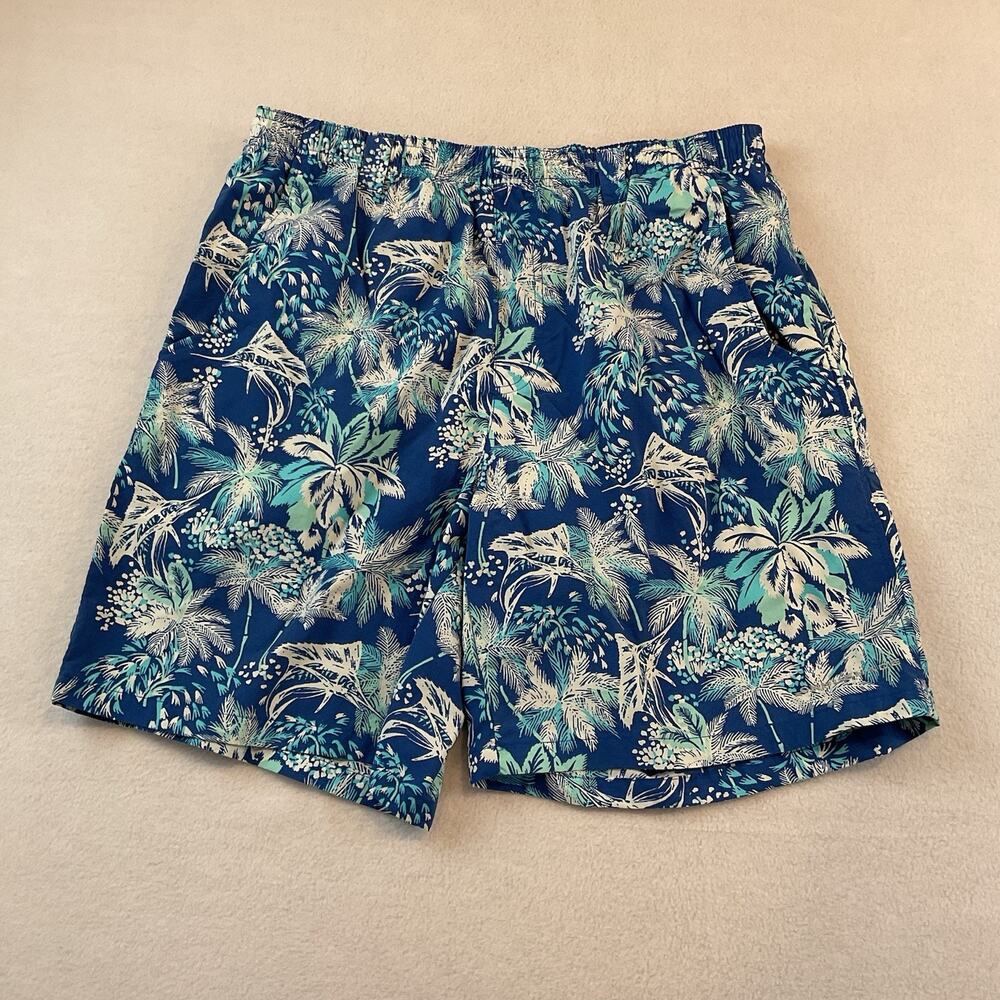 Columbia Sportswear PFG Swimsuit Trunks Mens M Blue Palm Tree Mesh Liner Pockets